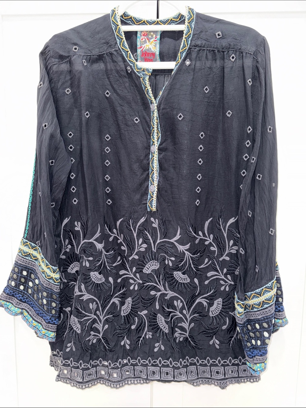 Johnny Was Blouse with Gray Embroidery and Multicolor Trim
